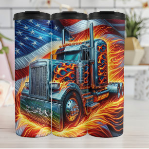 Vlammende semi-truck met Amerikaanse vlag Thermosbeker