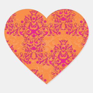 Vlammende Tangerine Tango Oranje en Roze Damast Hart Sticker