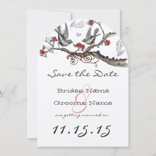 Vlamrood grijze  vogels bruiloft sparen de datum kaart (Voorkant)