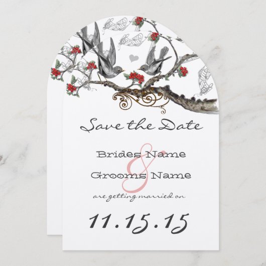 Vlamrood grijze  vogels bruiloft sparen de datum kaart (Voorkant / Achterkant)