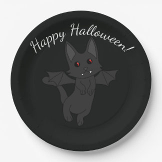 Vleermuis Kat Halloween Gelukkig Halloween Papieren Bordje