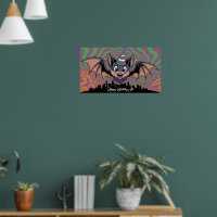 Vleermuis vliegt boven psychedelische stad