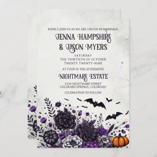 Vleermuizen en bloemen bruiloft kaart (Voorkant / Achterkant)