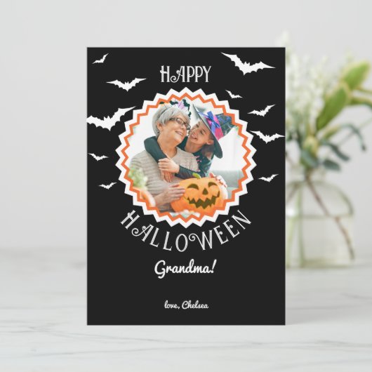 Vleermuizen Foto Lijst Zwart Halloween Feestdagenkaart (Staand voorkant)