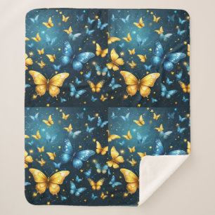Vleugels van vreugde: Blauwe en gele vliegende vli Sherpa Deken