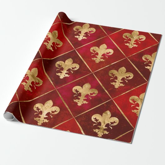Vleur-de-lis patroon luxe rood cadeaupapier (Uitgerold)