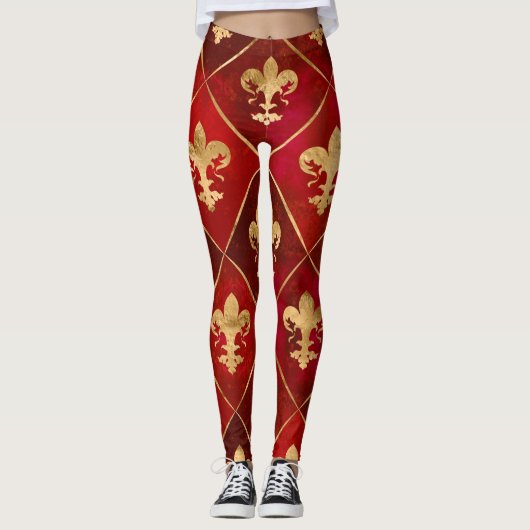 Vleur-de-lis patroon luxe rood leggings (Voorkant)