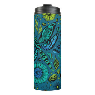 Vlieg, vlieg dragonfly op blauw thermosbeker