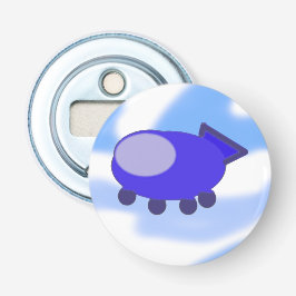 Vliegend blauw ruimteschip button flesopener