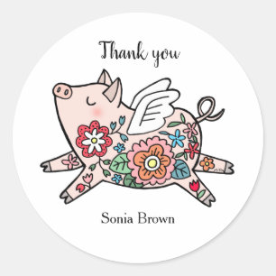 Vliegend varken met bloempatroon Cute varken op ma Ronde Sticker