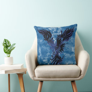 Vliegende Blauwe Phoenix Vogel Grafisch Kussen