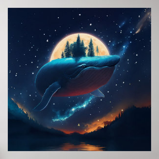 Vliegende bultrug walvis maanlicht Zee sterrenboss Poster