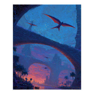 Vliegende Draak Zonsondergang Brug Fantasie Kunst Perfect Poster