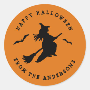 Vliegende heks Black & Oranje Halloween Ronde Sticker