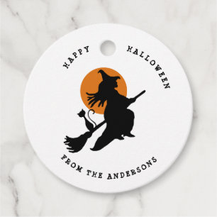 Vliegende heks en kat zwart en wit Halloween Bedankjes Labels