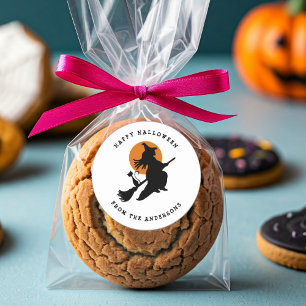 Vliegende heks en kat zwart en wit Halloween Ronde Sticker