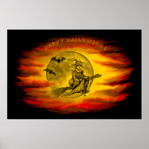 Vliegende heks met zwarte kat, Halloween-nacht Poster