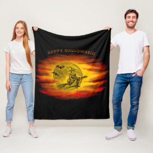 Vliegende heks met zwarte kat, halve nacht fleece deken