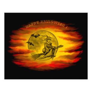 Vliegende heks met zwarte kat, halve nacht foto afdruk