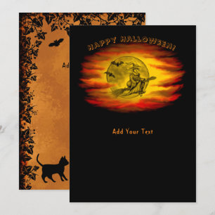 Vliegende heks met zwarte kat, halve nacht kaart