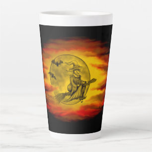 Vliegende heks met zwarte kat, halve nacht latte mok