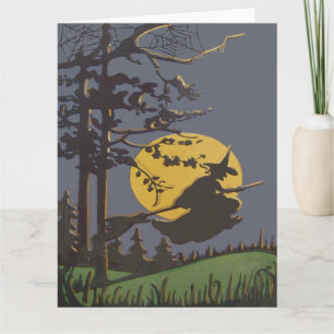 Vliegende Heks Silhouet Volle Maan Spinnenweb Kaart