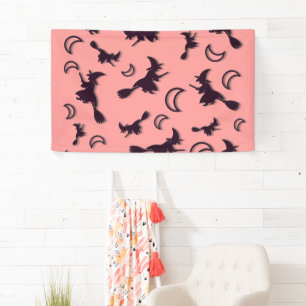 Vliegende heks tussen halve maan bij Halloween nac Spandoek