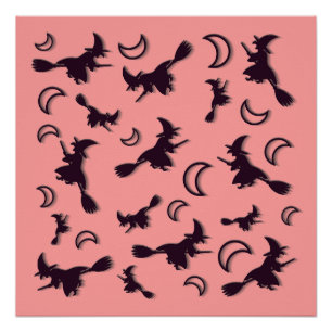 Vliegende heks tussen halve maan op Halloween nach Perfect Poster