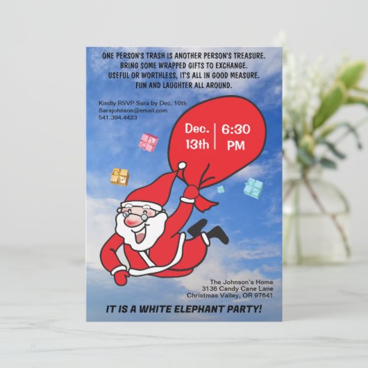 Vliegende Kerstman Blauwe Lucht Witte Olifant Fees Kaart (Staand voorkant)