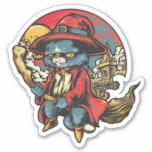 Vliegende Kitty Cat Heks Illustratie Sticker