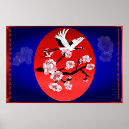 Vliegende kraan en zon (midderblauw achtergrond) poster