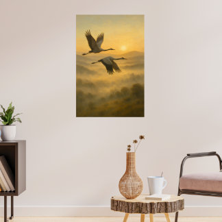 Vliegende Kraanvogels bij Zonsondergang – Serene N Poster