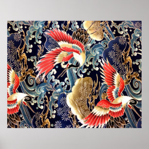 Vliegende kraanvogels,Golven,Lentebloemen Japanse Poster