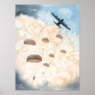 Vliegende paratroopers springen van het Vliegtuig  Poster