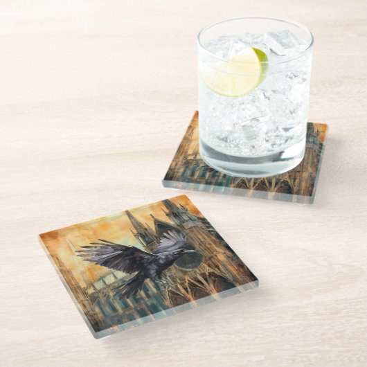 Vliegende raaf en middeleeuwse gotische kathedraal glazen onderzetter (Schuin)