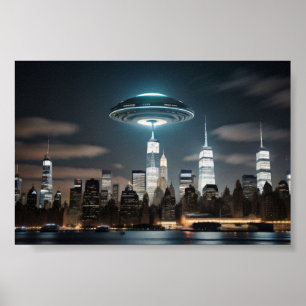 Vliegende schotel over stad poster