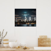 Vliegende schotel over stad poster (Keuken)