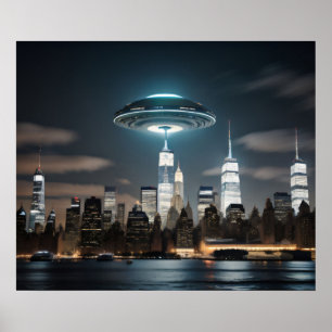 Vliegende schotel over stad poster
