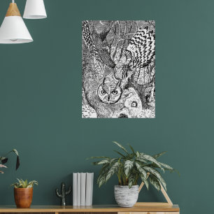 Vliegende uil bos poster, zwart-wit natuur poster