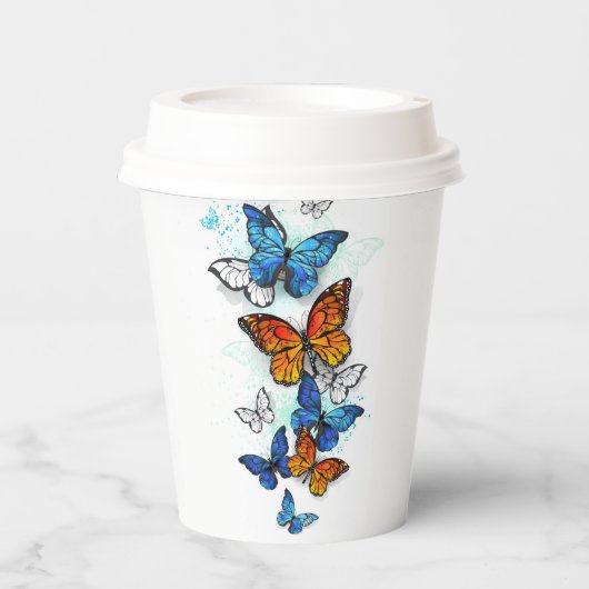 Vliegende Vlinders Morpho en Monarch Papieren Bekers (Voorkant)
