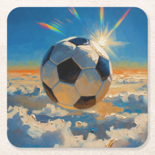 Vliegende Voetbal Bal Kunstwerk (Olie Schilderij N Vierkante Kartonnen Onderzetter