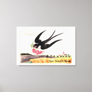 Vliegende vogel met bloemen canvas afdruk