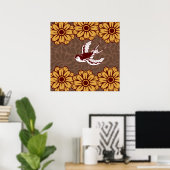 Vliegende vogel met Flowers Damask Pattern Poster (Thuiskantoor)