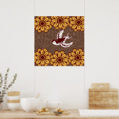 Vliegende vogel met Flowers Damask Pattern Poster (Keuken)