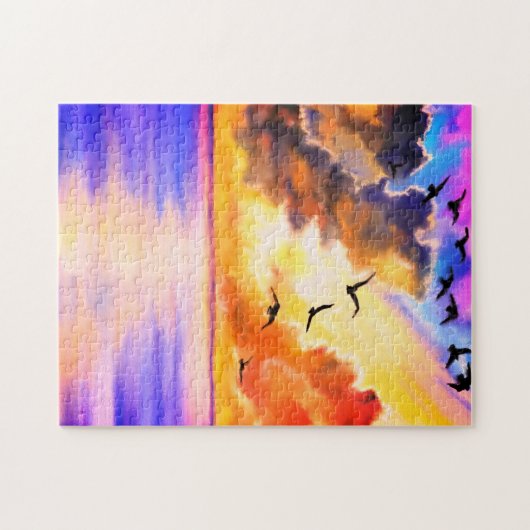 Vliegende vogels op Zee Sunset Puzzle - Waterverf Legpuzzel (Horizontaal)