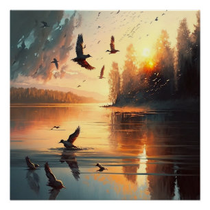 Vliegende vogels: zonsondergang Glossy Poster Perfect Poster