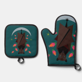 Vliegende vos Blauwgroen Ovenwant & Pannenlap Set