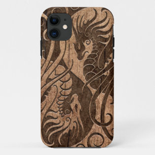 Vliegende Yin Yang-draken met houtnerfeffect iPhone 11 Hoesje