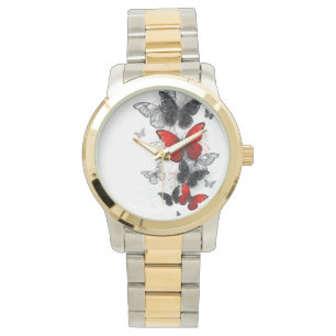 Vliegende zwarte en rode Morpho-vlinders Horloge