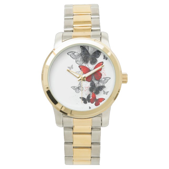 Vliegende zwarte en rode Morpho-vlinders Horloge (Voorkant)